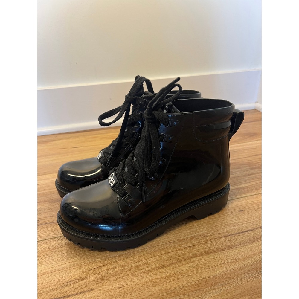 Circus by Sam Edelman 7 Rain Boots Goth Grunge Emo Black Patent Lace Up Lug Sole